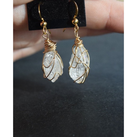 Large Dangle Earrings Gold Wire Wrapped Earrings Rough Gemstone Gift for… - Picture 2 of 5